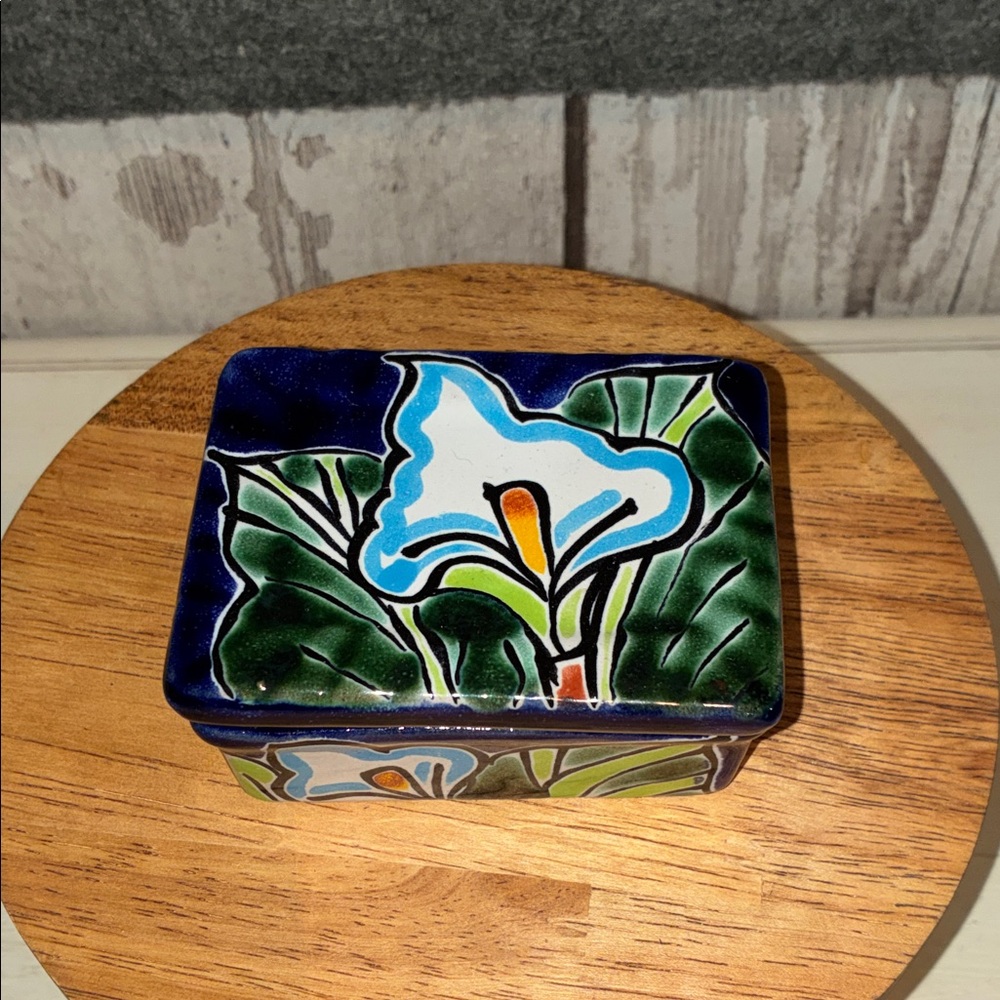 Handcrafted  Mexican Pottery  Art Box - Blue, Green, and White